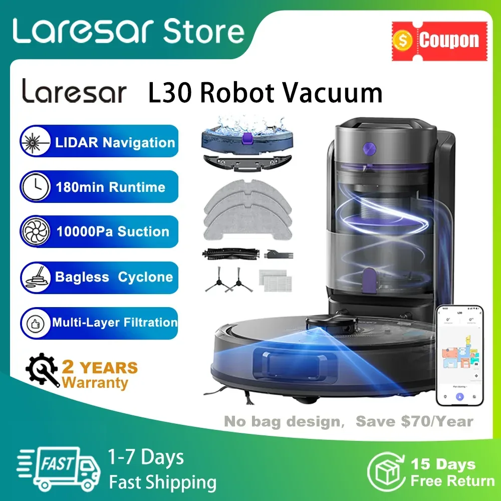 Laresar L30 Saugroboter ohne Beutel mit Zyklon-Saugkraft, 10000Pa, 180 Min Laufzeit, LiDAR-Navigation, 65 Tage Staubkapazität, 4-in-1 Saugen & Wischen
