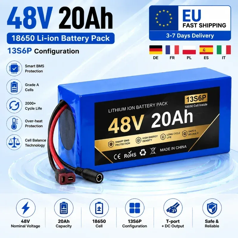 48V 20Ah Lithium-Ionen-Akku 13S6P 18650 Zellen E-Bike-Akku Hochkapazitäts-Wiederaufladbarer Li-Ionen-Akku mit Smart BMS-Schutz XT60 JST-Anschluss für Elektrofahrräder und -Roller EU-Lager Schneller