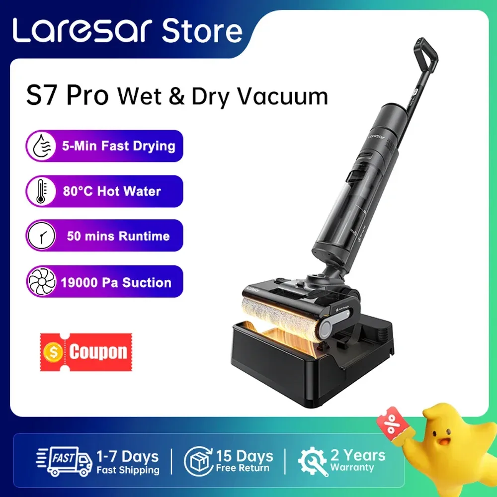 Laresar S7 Pro Kabelloser Nass- und Trockenstaubsauger, Wischmop, Lay-Flat-Reinigung, 5-Min-Schnelltrocknung, 80°C Selbstreinigung, 19000?Pa Saugleistung, Anti-Verheddern, 50?Min Laufzeit,