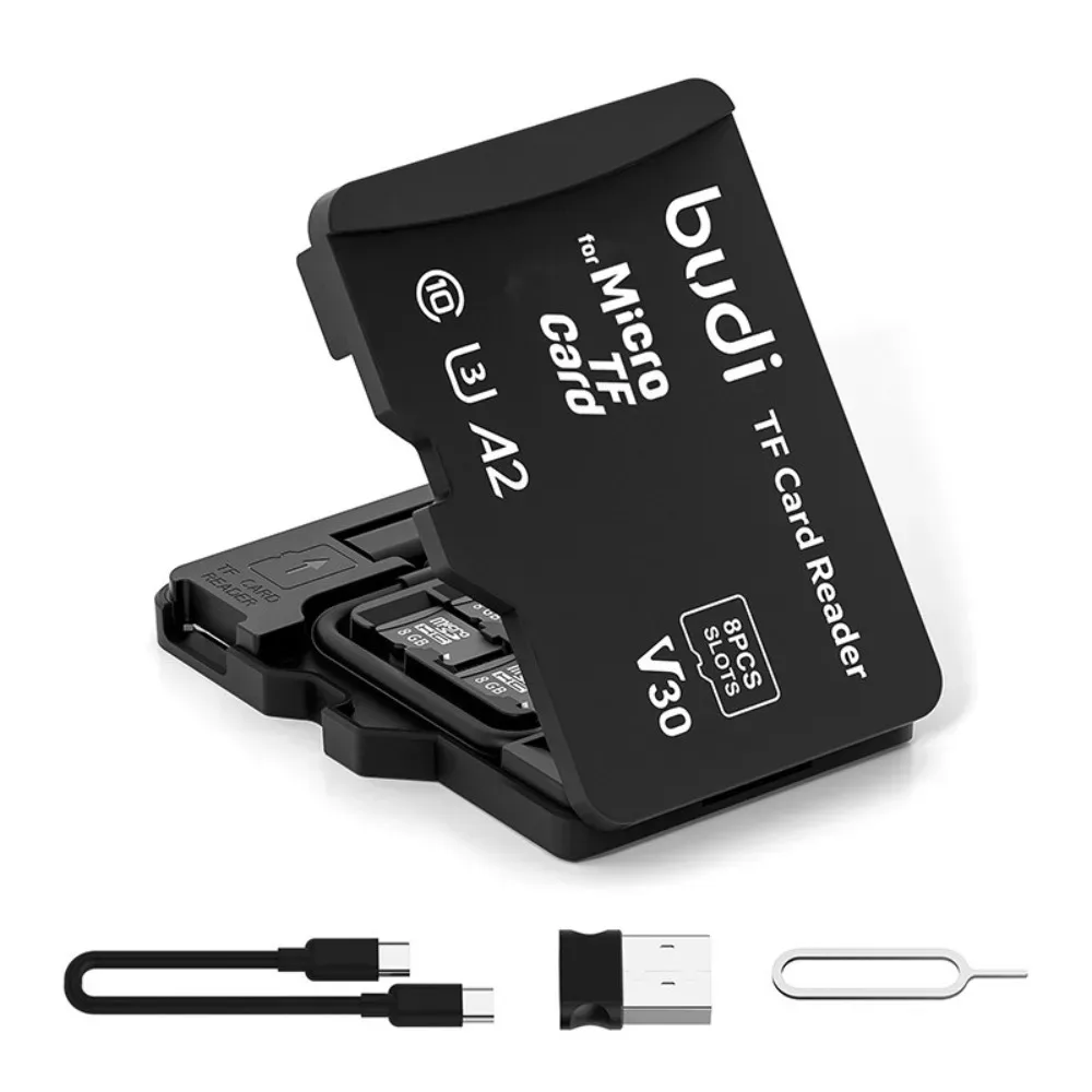 BUDI TF-Speicherkartenleser mit 8 Steckplätzen TF-Style Speicherkarten-Aufbewahrungsbox Unterstützt USB Typ-C und USB-Kompatibilität