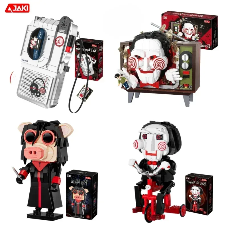 JAKI Chainsaw Massacre Serie Bausteine Billy The Puppet Schweinemasken-Bausatz Modell Salll Kassettenrekorder Spielzeug Ornament Geschenk