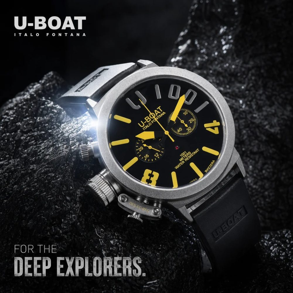 U-BOAT Herren-Quarz-Chronographenuhr, 44 mm Edelstahlgehäuse, Silikonband, 1001M wasserdicht