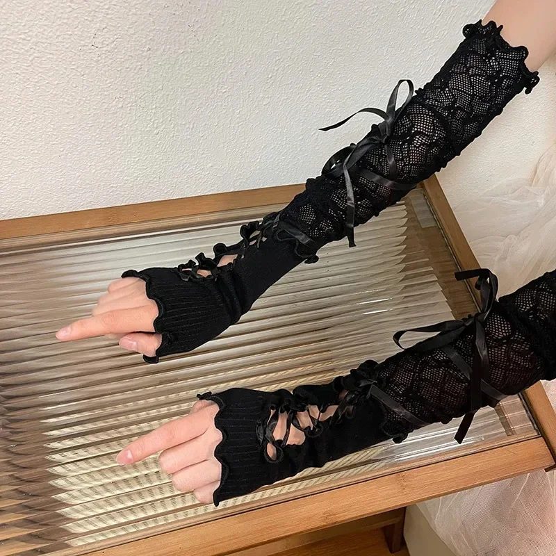 Frauen Lolita Jk Spitze Fingerlose Handschuhe Schwarz Gothic DIY Umreifung Sonnenschutz Hülse Kleidung Zubehör Elastische Mesh Punk Handschuhe