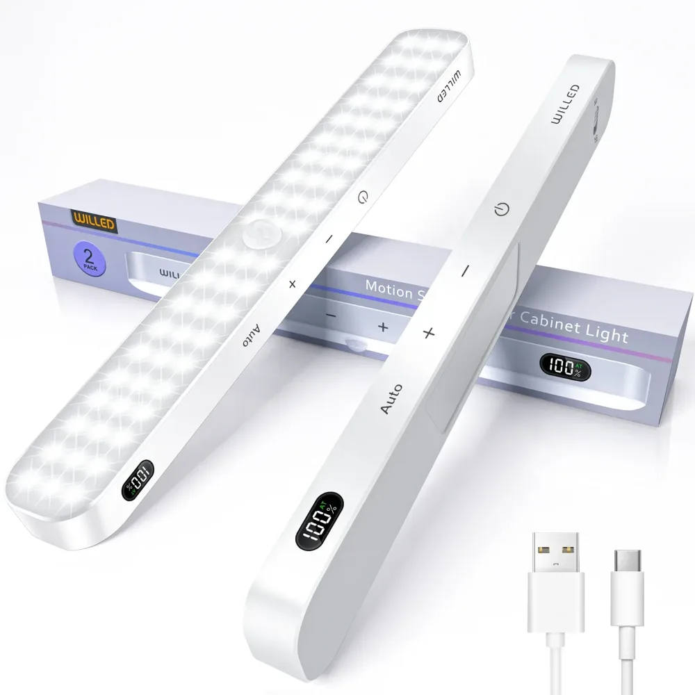 WILLED Motion Sensor Schrankleuchte, Batterieanzeige, 60 LEDs, Touch-Lichtleiste, kabelloses Nachtlicht mit wiederaufladbarem Akku