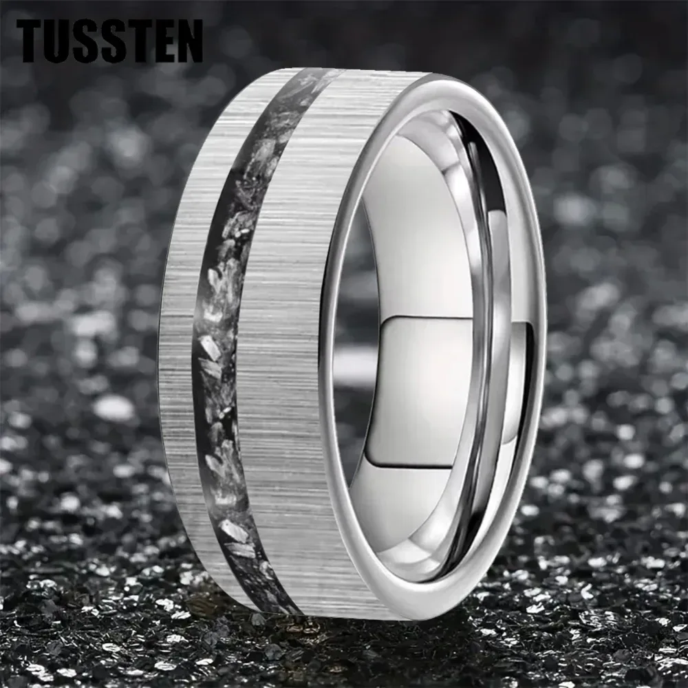 TUSSTEN 6/8MM Herren- und Damen-Ehering mit Meteoritenfragmenten in der Offset-Rille für Komfortablen Sitz