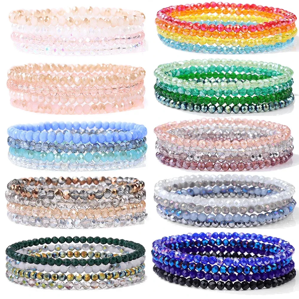 Einfaches 4-teiliges Set Kristall-Armbänder mit facettierten Perlen für Damen, buntes Glas-Kristall-Armband-Set aus Österreich, elastisches Armband-Set, Party-Schmuck.