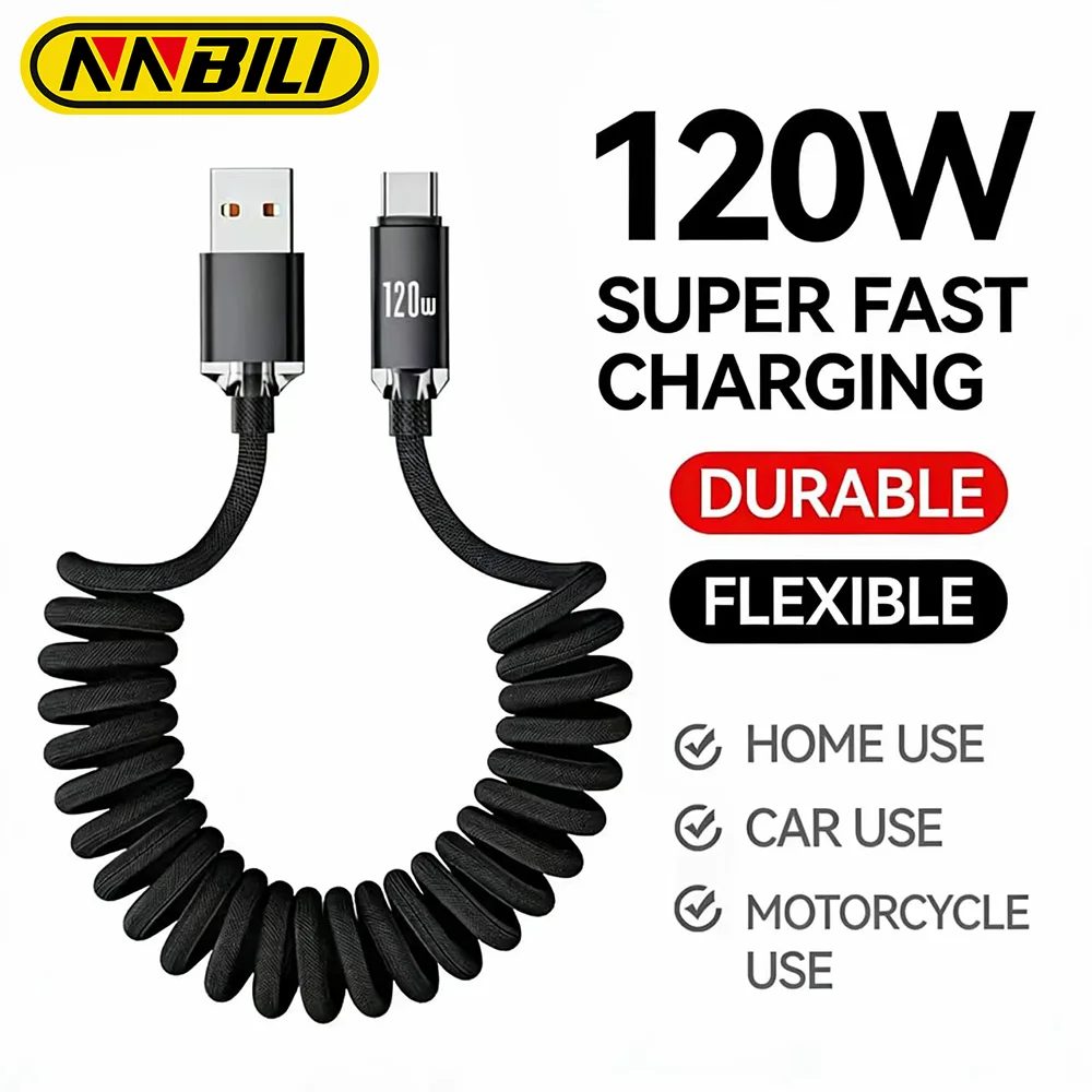 NNBILI 120W Auto USB-A zu USB-C Schnellladegerät für Samsung S26 Xiaomi Huawei USB-C zu USB-C Spiralförmiges Teleskopkabel für iPhone 17 16