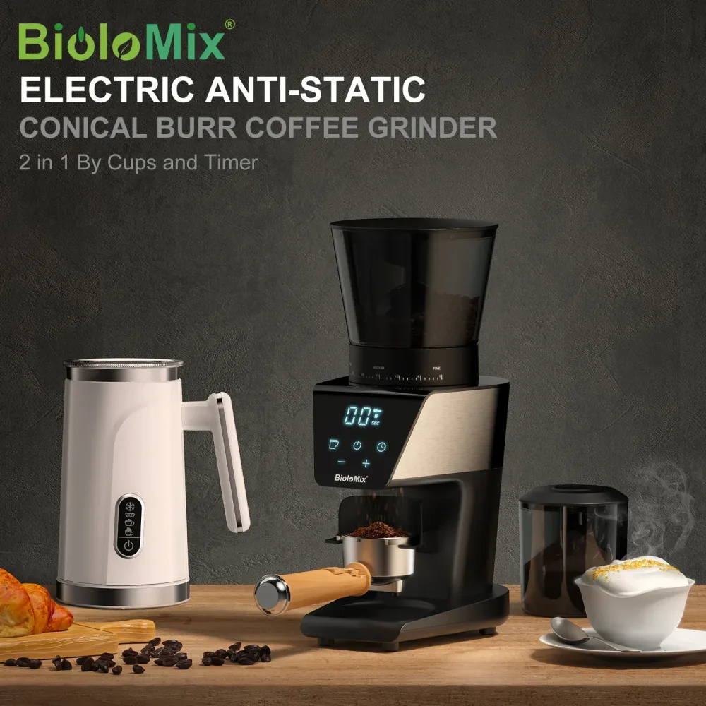 Biolomix Konische Kaffeemühle mit Digitaltimer 31 Präzise Einstellungen für Espresso Filterkaffee French Press Cold Brew