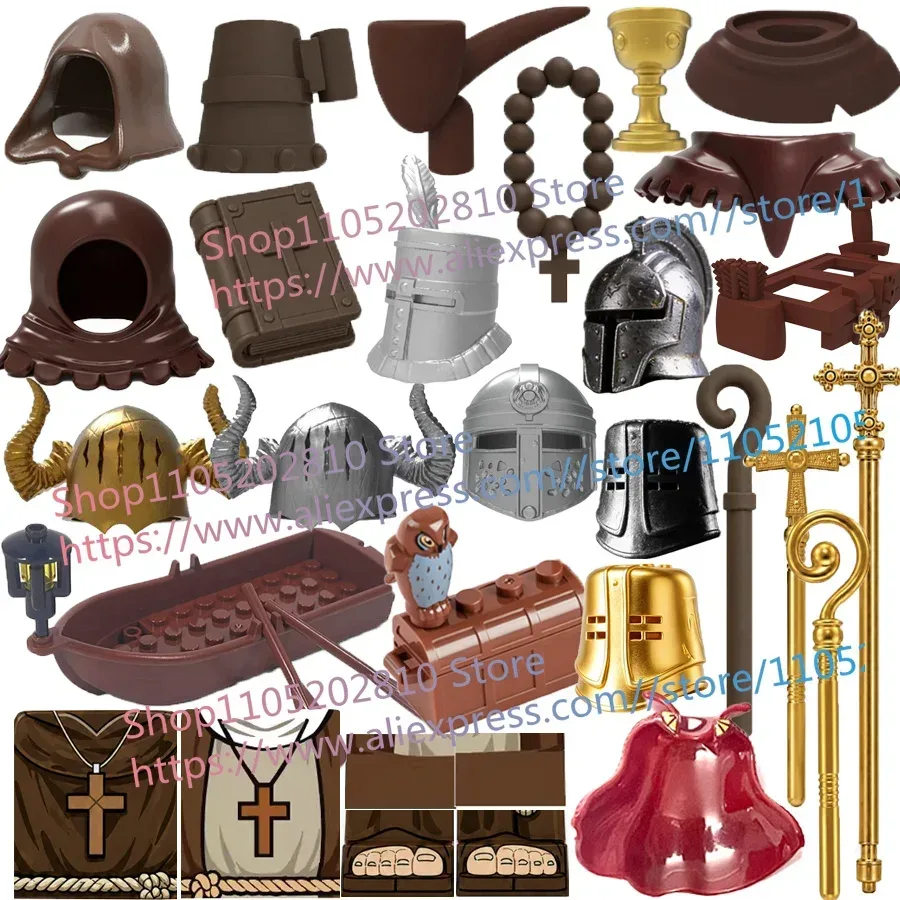 Mittelalterlicher Mönch-Baustein-Figuren-Zubehör: Stab, Heiliger Kelch, Rosenkranz, Schal, 3D-gedruckter Ritterhelm, Schild, Kinderspielzeug, Geschenk, Baustein