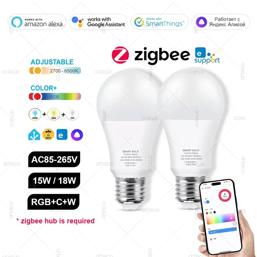 ZigBee E27 LED-Birne, intelligente LED-Lampe, RGBCW, 15 W, 18 W, LED-Glühbirne, funktioniert mit Ewelink Zigbee Gateway Alexa Smartthings Alice Z2MQTT