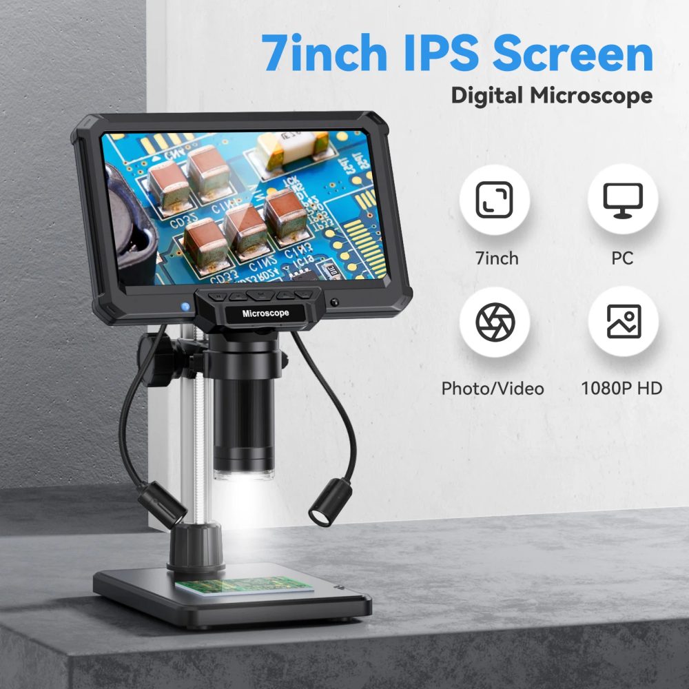 7-Zoll-Digitalmikroskop mit 1200-facher Vergrößerung für die Reparatur von Münzen, PCB-Schaltkreisen, 16 MP HD-Lötmikroskop mit Lichtern, PC-Ansicht