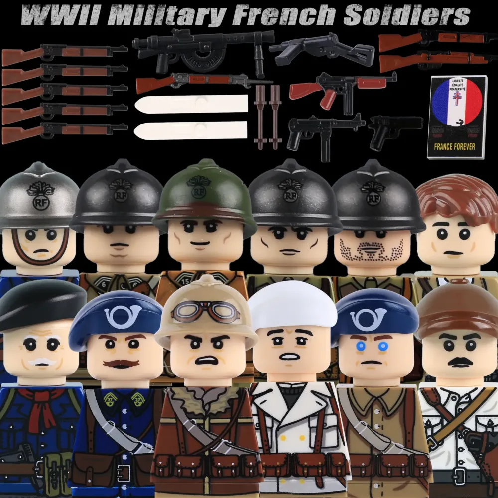 MOC WW2 Französische Infanterie-Soldaten Figuren Bausteine Waffen Armee Gewehr Helme Mütze Alpin-Ski-Spähtruppen Bausteine Spielzeug Kinder Geschenk