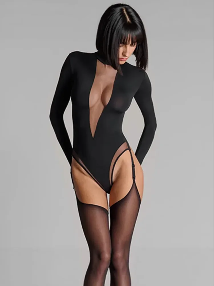 2026 Neuer tiefer V-Ausschnitt, transparenter Mesh-Einsatz, langärmliger schwarzer Jumpsuit, sexy, aufreizendes Outfit für Partys und Dates, Nischen-Trendmode im Instagram-Stil