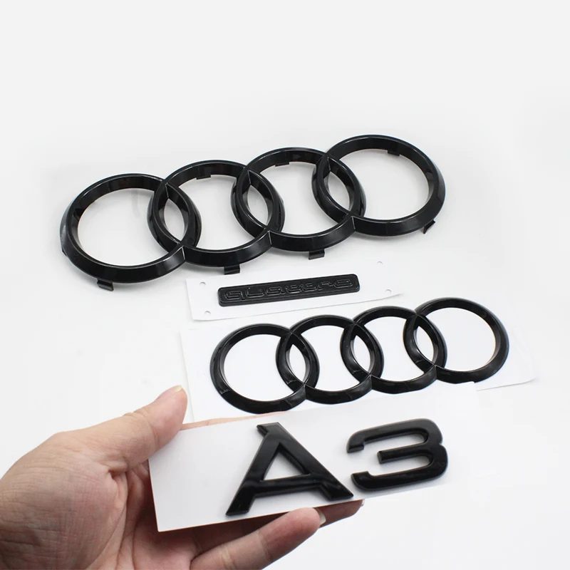 Audi A3 4-Ring Logo Glänzend Schwarz ABS Auto Motorhaube Frontgrill Abzeichen Heckklappe Quattro Emblem Aufkleber Dekor für A3 2010-2020