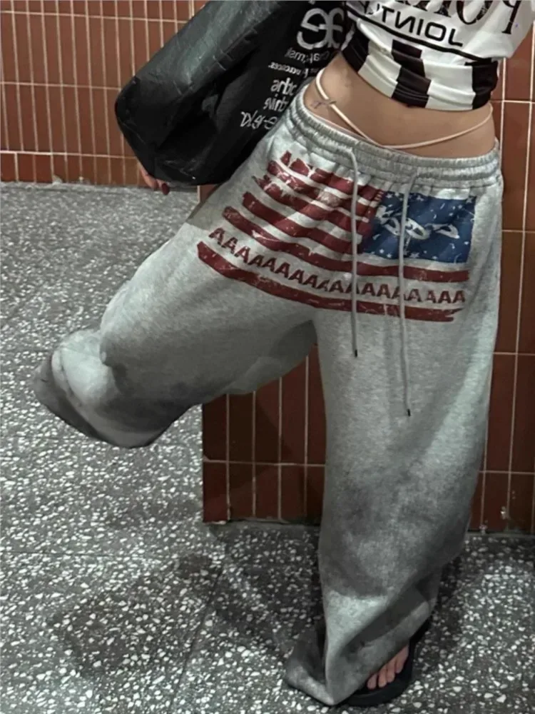 Y2K College American Hip-Hop Goth Print Kordelzug Jogginghose mit weitem Bein Lose 90er High Street Sporthose Bodenlange Hose