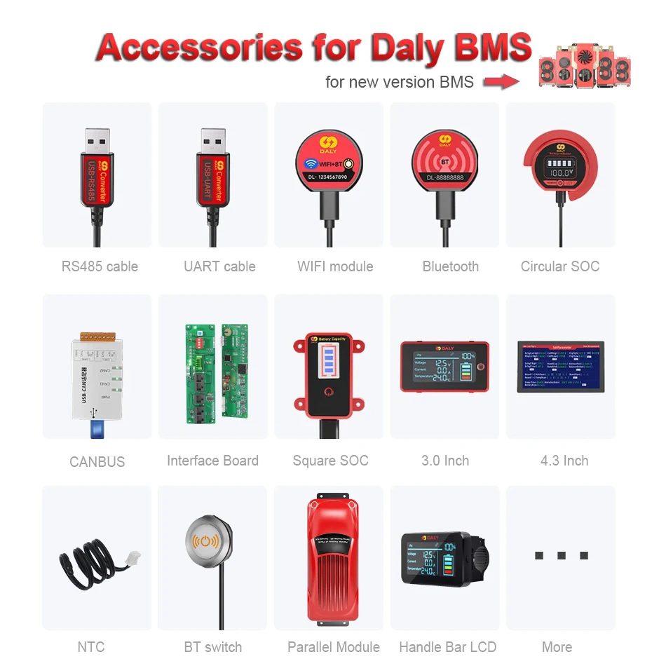 Zubehör für Daly BMS HKMS Neue Version Rot BMS Bluetooth WIFI Modul Touchscreen LCD Display Heizmodul GPS Kann Adapter