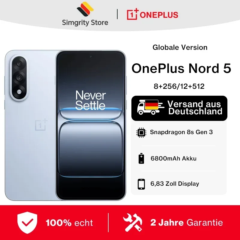 OnePlus Nord 5 Smartphone 5G Snapdragon 8s Gen 3 6,83 Zoll AMOLED-Display 144 Hz 5200 mAh 80W SUPERVOOC-Ladefunktion 50 MP Dual-Kameras
