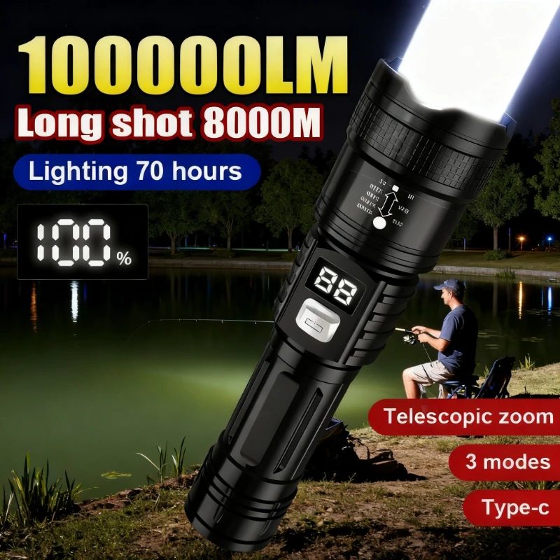 100000LM superhelle Taschenlampe, wiederaufladbare LED-Taschenlampe, große Reichweite, taktische Lampe für wasserdichte Camping-Angellaterne im Freien