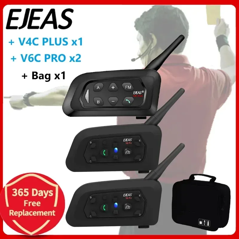 EJEAS V4C PLUS + V6C PROx2 Fußball 3-Schiedsrichter-Intercom-Headset 1200 m Fußball-Vollduplex-Bluetooth-Konferenz-Interphone + Handtasche