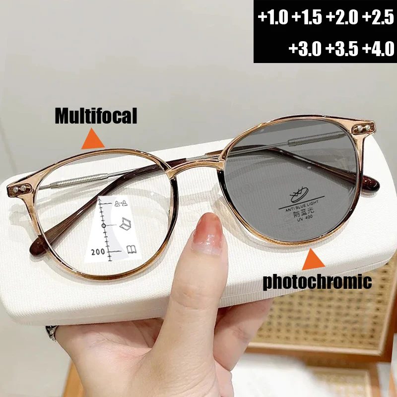 Intelligente photochrome Lesebrille, Unisex, rund, progressive multifokale Presbyopie-Brille, fertig in der Nähe und in der Ferne, bifokale Brille