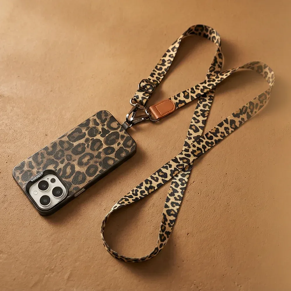 Verstellbares Handy-Umhängeband mit Leopardenmuster, abnehmbarer Anti-Verlust-Handyhalter mit langem Seil und Universalclip