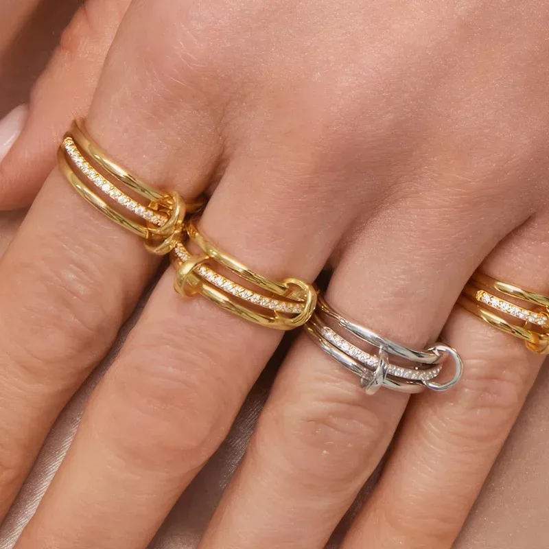Edelstahl vergoldeter Zirkon dreischichtiger gestapelter runder Ring für Frauen nicht anlaufende ineinandergreifende Ringe Set Trend Schmuck Geschenk