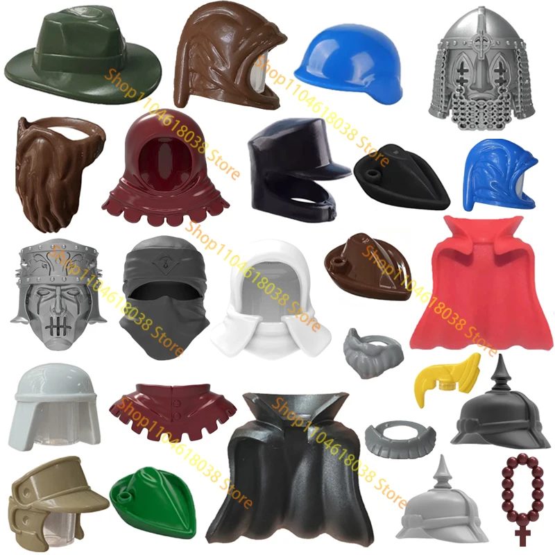MOC Figuren Körperteile Bausteine Mittelalterliche Ritter Helm Bart Empire Hut Umhang Axt Hammer Sichel Mini-Bausteine Spielzeug Geschenke