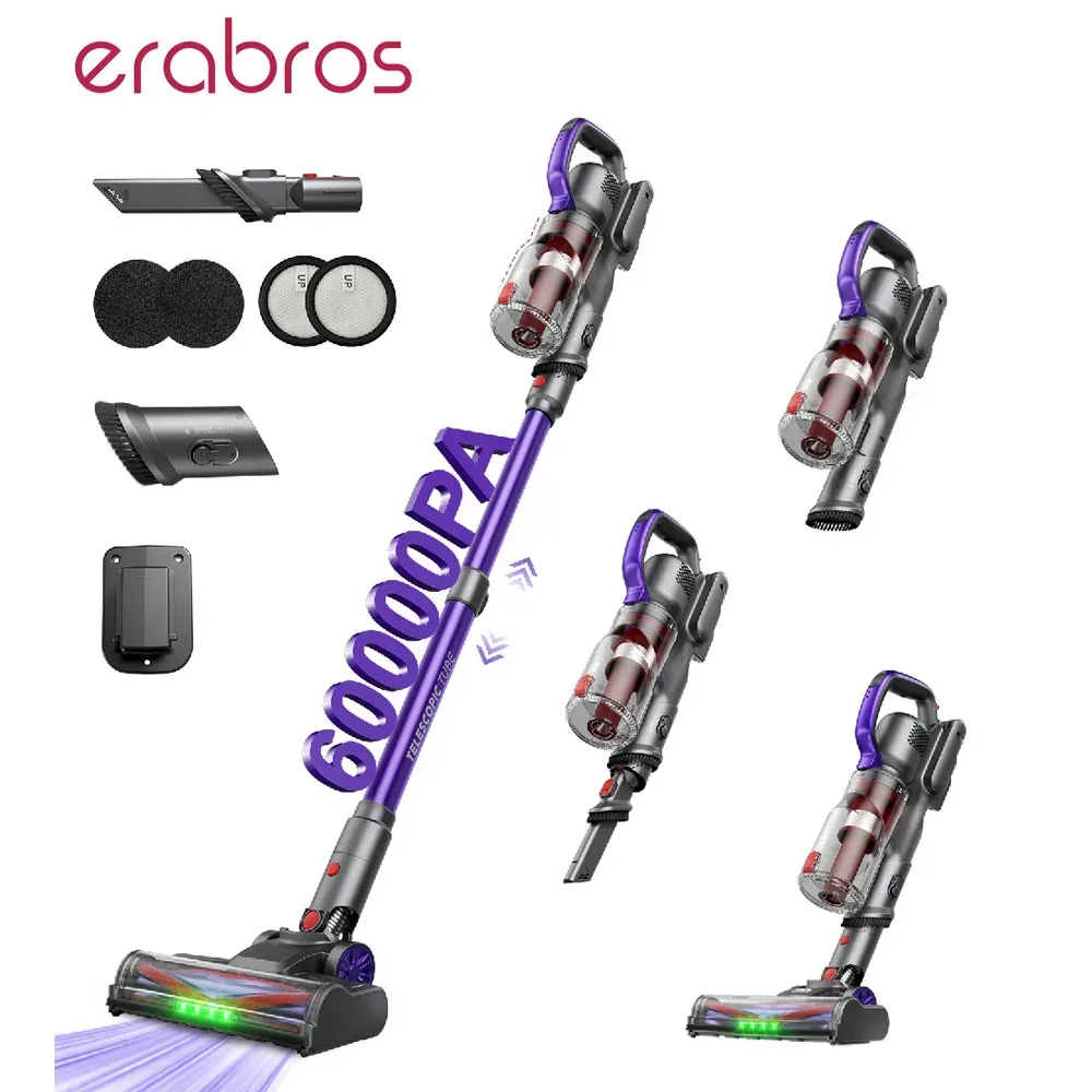 Erabros EV3 Kabelloser Staubsauger 500W 60Kpa Saugkraft 60 Minuten Laufzeit Selbststehender Smart Home Kabelloser Handstaubsauger