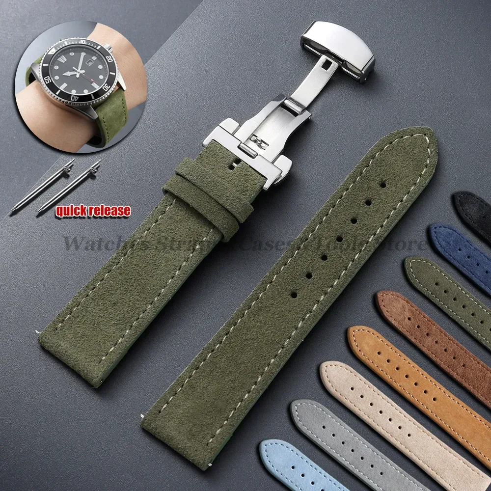 18mm 19mm 20mm 22mm Vintage-Uhrenarmband aus Wildleder, handgefertigt, grau, braun, grün, mit Schmetterlingsschnalle, Armband für Herren und Damen