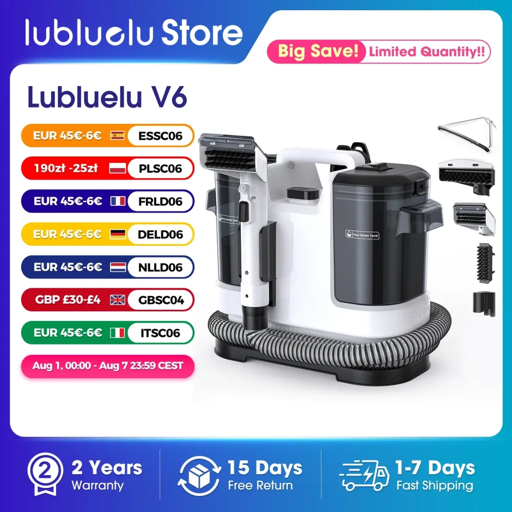 Lubluelu V6 Teppichreiniger Leistungsstark 13,5kPa 1,75L Doppeltanks, 5M Kabel 1,7M Schlauch - Tiefenreinigung Sofa Matratze Autositz Haustierflecken