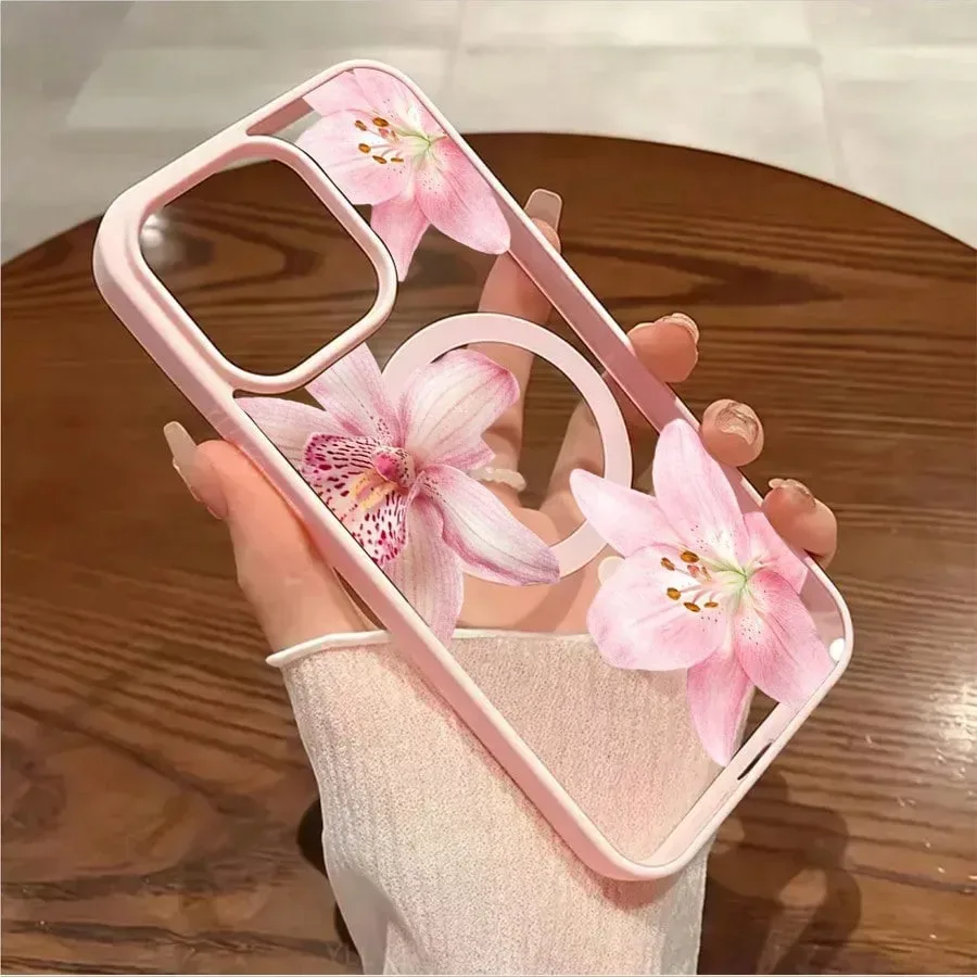 Rosa Blumen-Lilien-Orchideen-Muster-Pastellfarbene Magnetische Handyhülle für iPhone 18 17 16 15 14 13 12 11 Pro Max 16 Plus 16E 17E Air Cover