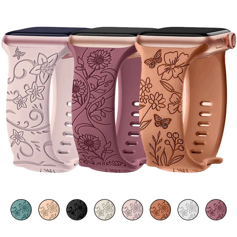 Graviertes Armband für Apple Watch Armband 46 mm 44 mm 42 mm 41 mm 40 45 mm Ultra 3 2 49 mm Blumenarmband Iwatch Serie 11 10 9 8 7 SE 6 5