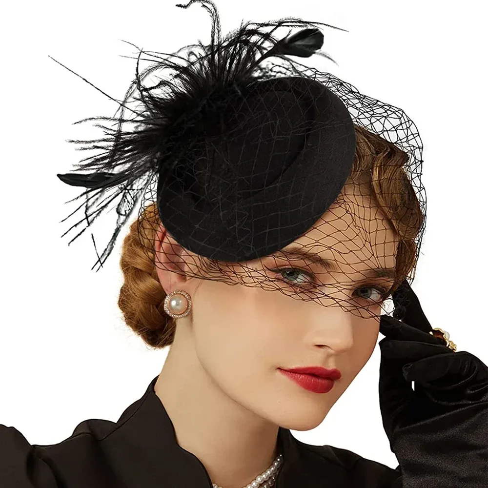 Damen Filz Fascinator Hut Fischnetz Schleier Kleine Plüsch Welle Punkt Dekor Haarspangen Hochzeit Braut Cocktail Kopfbedeckung Fasciantor