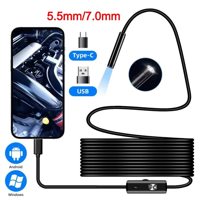 5,5/7,0MM Typ-C Endoskop-Kamera mit 6 Einstellbaren LEDs USB Android Flexibles Inspektions-Boreskop für Handy und PC