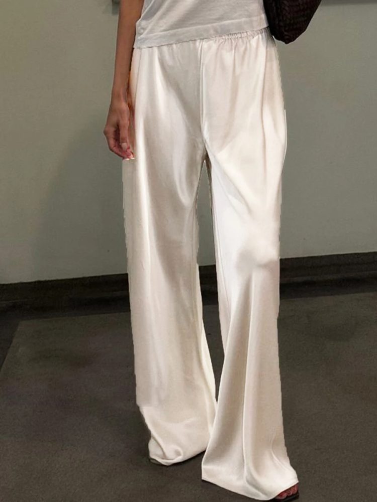 Schicke Satin-Kleiderhose mit weitem Bein für Damen, stilvolle elastische Taille, lockere Passform, lange Hose für Streetwear, Arbeit, einfarbig
