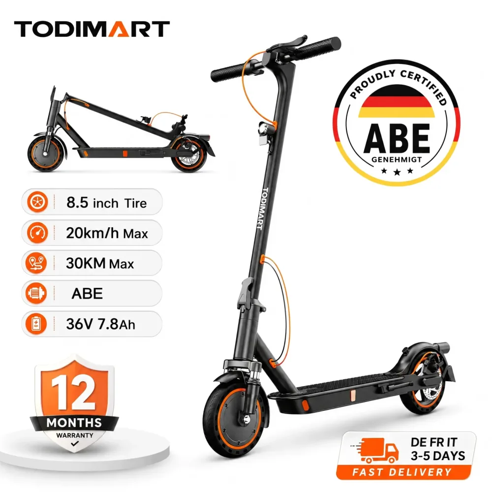 TODIMART T3A Elektroroller mit App, Elektroroller für Erwachsene, 36V 7.8Ah, 20 km/h, 25-35 km Reichweite, Vollgummireifen, faltbar