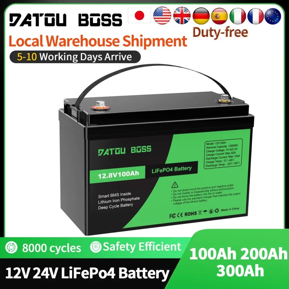 DATOUBOSS LiFePO4 12V Akku mit BMS 8000 Zyklen, 100A 200A 300A, für Wechselrichter, Wohnmobil, Solaranlage, Boot, Haushalt, Solar