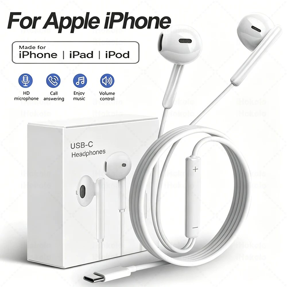 Original Kabelgebundene Kopfhörer für Apple iPhone 17 16 15 14 13 12 11 Pro Max USB-C Lightning 3,5mm Kopfhörer X XR 8 Handy-Zubehör