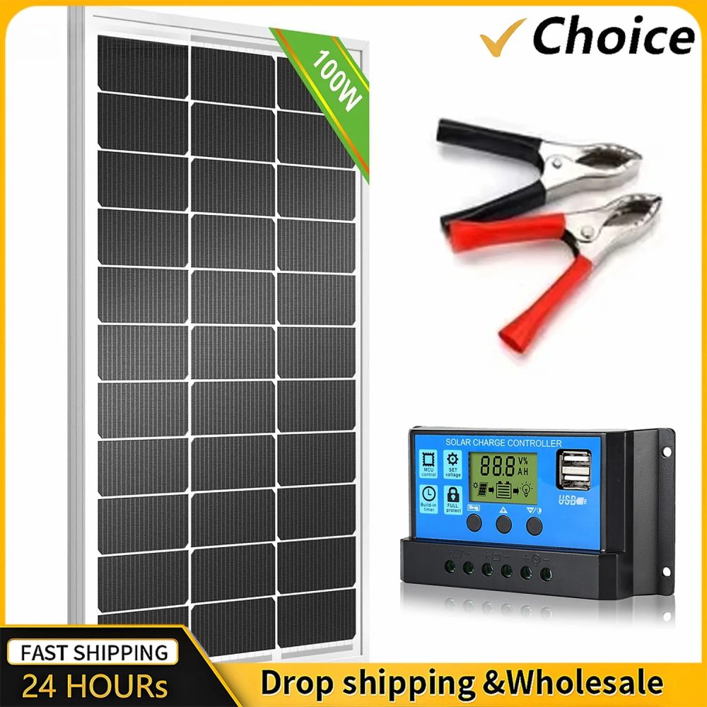 100 A Solarpanel-Set, komplett, 12 V, polykristalline Leistung, tragbarer, wiederaufladbarer Solarzellen-Solargenerator für den Außenbereich für Zuhause