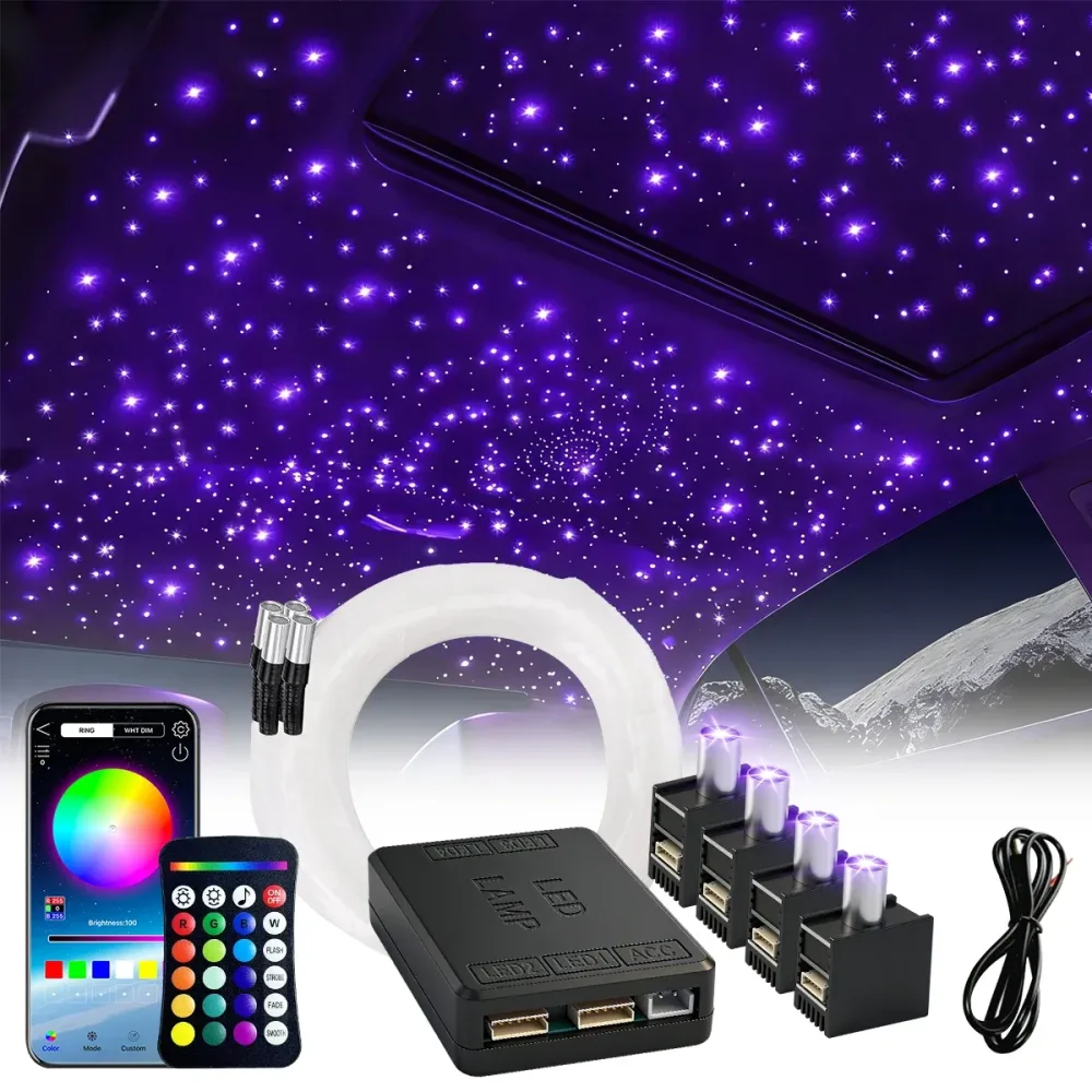 2026 Neu RGBW DC12V 14W 1/2/4 Split?Sternenhimmel?Atmosphärenlicht, APP?gesteuertes Glasfaser?Kit für Fahrzeug?Innenraum, Autodach?Sternleuchten