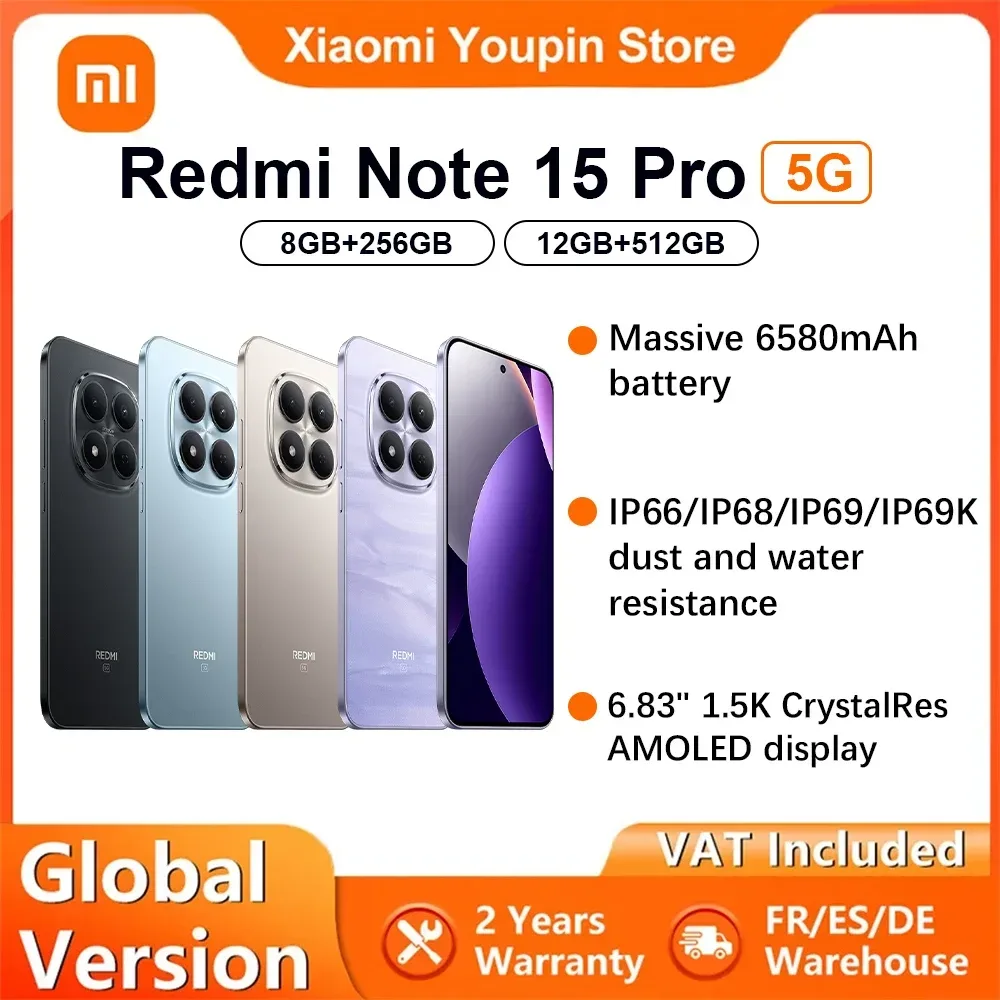 Globale Version Xiaomi REDMI Note 15 Pro 5G Smartphone 5G 6,83' 6580mAh 45W Ladung 200MP Hauptkamera IP66 IP68 IP69 IP69K