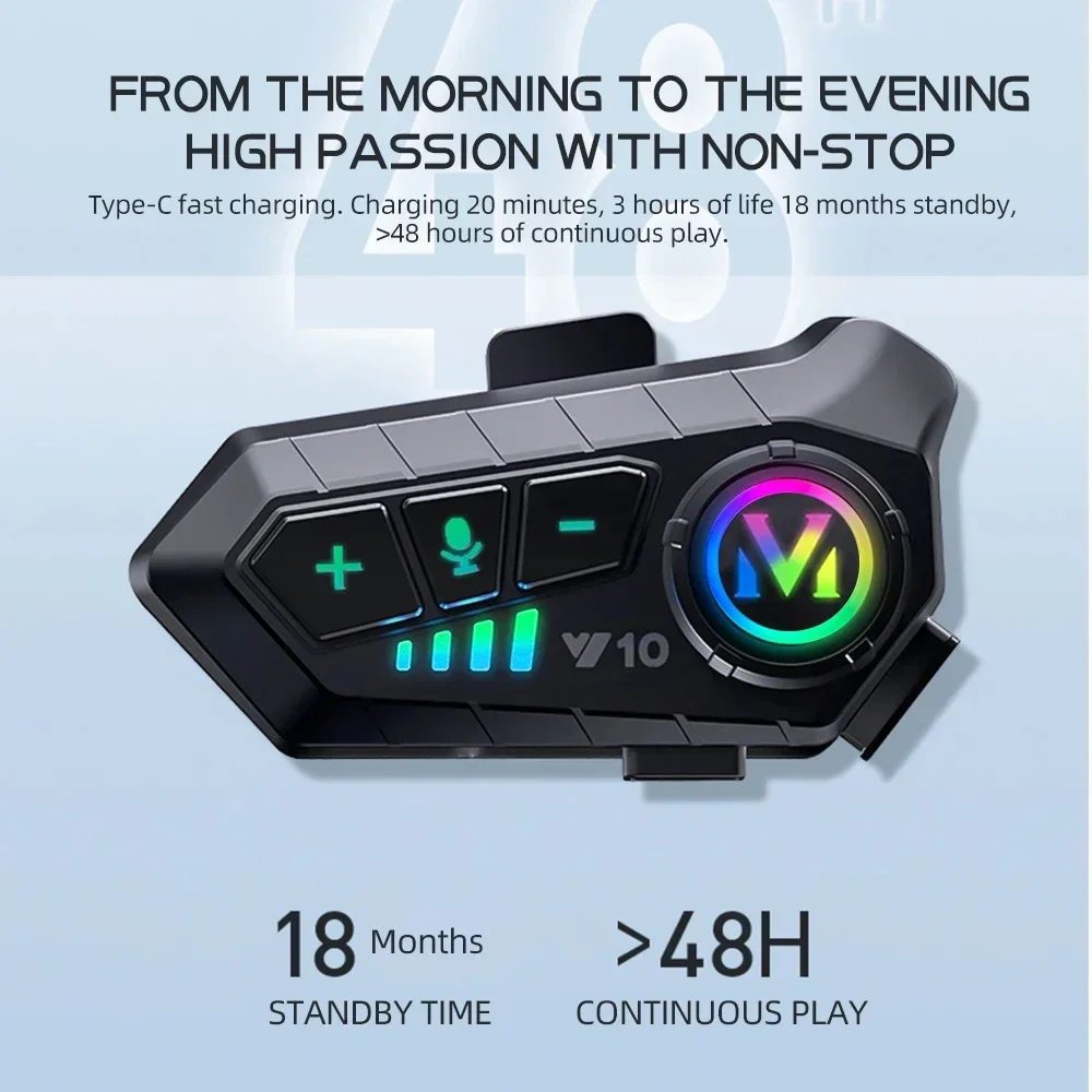 Y10 Motorradhelm-Headset Stereo Sprachsteuerung Bluetooth 5.3 Freisprechfunktion IPX6 Wasserdicht 1000mAh Mit Umgebungslicht