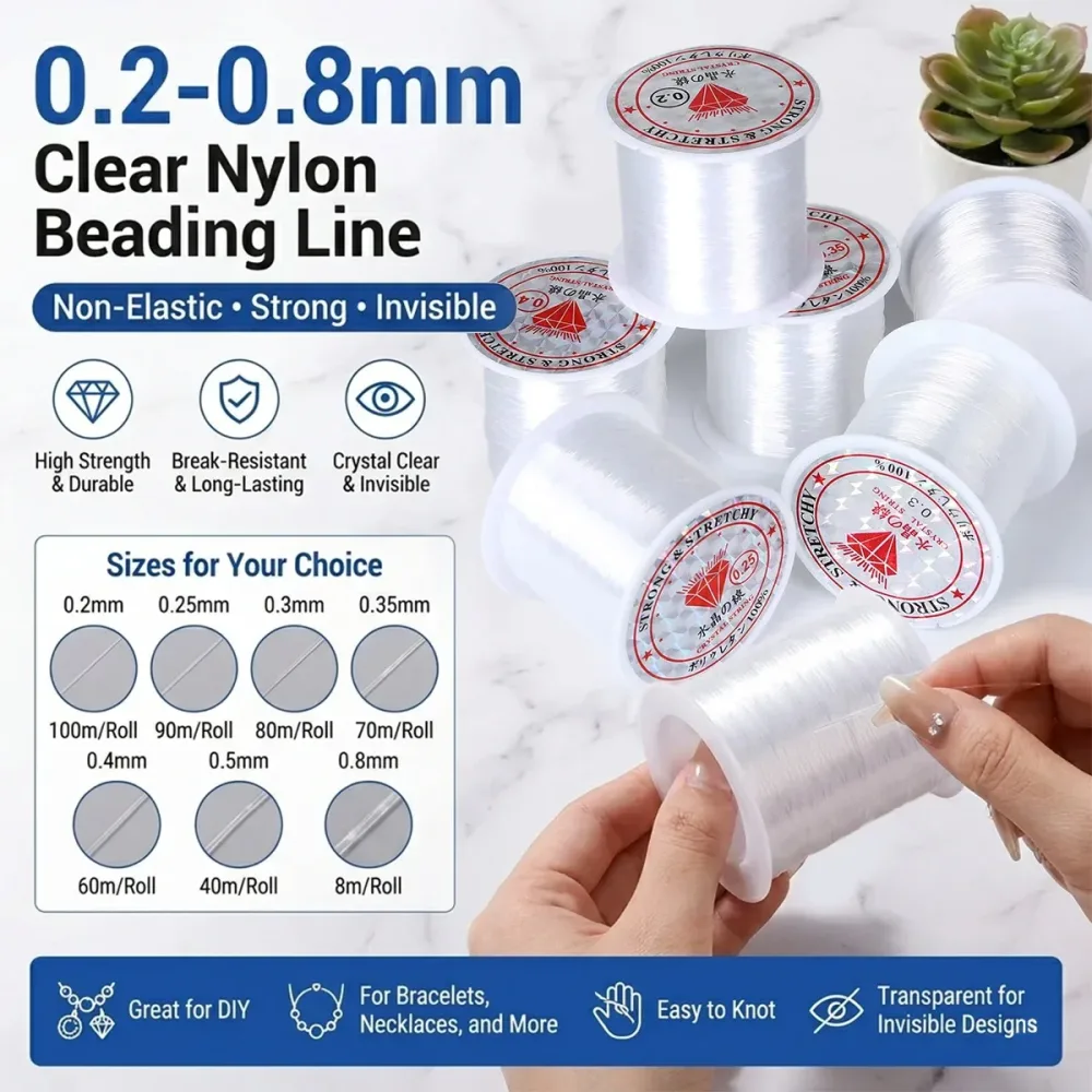 Transparente Nylon Angelschnur 0.2-0.8mm nicht elastisch unsichtbar zum Auffädeln von Perlen und DIY Schmuckherstellung, 8-100m Rolle