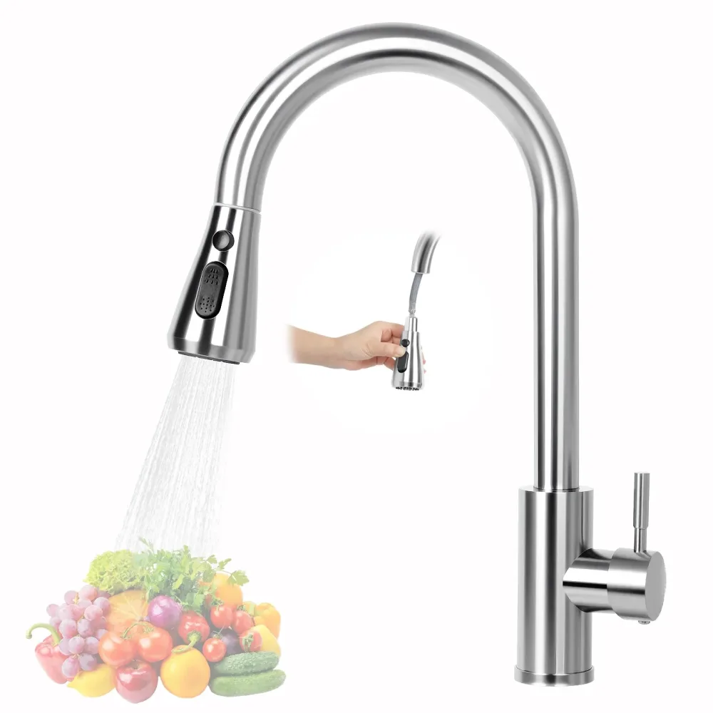 Küchenarmaturen aus Edelstahl, ausziehbarer Küchenarmatur-Wasserhahn, deckenmontierter Mischer mit Strahl- und Sprühkopf, Warm- und Kaltwasserhähne