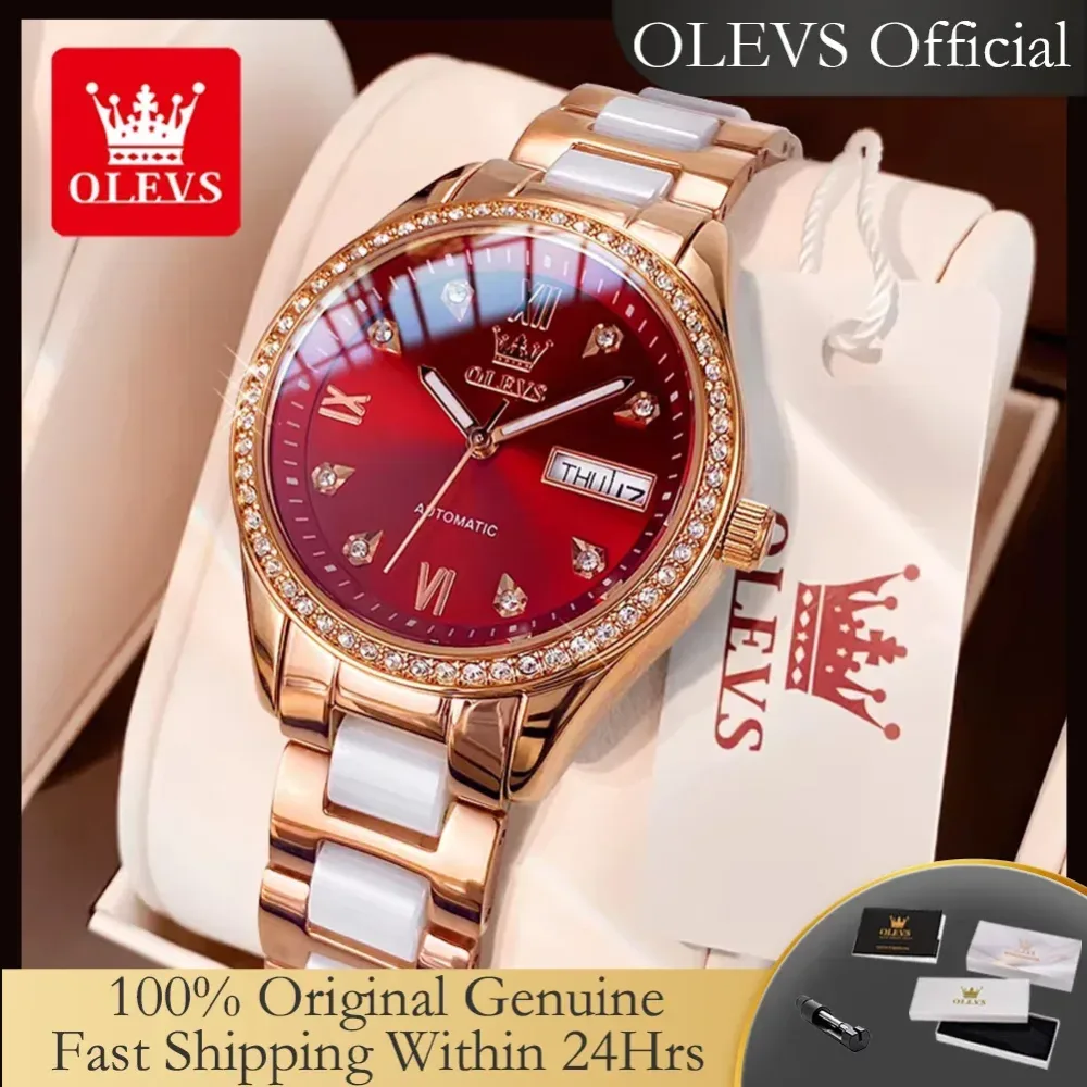 Olevs 6637 Damen mechanische Uhren wasserdicht Auto Datum Woche Kalender Armbanduhr Top Original voll automatische Uhr für Frauen