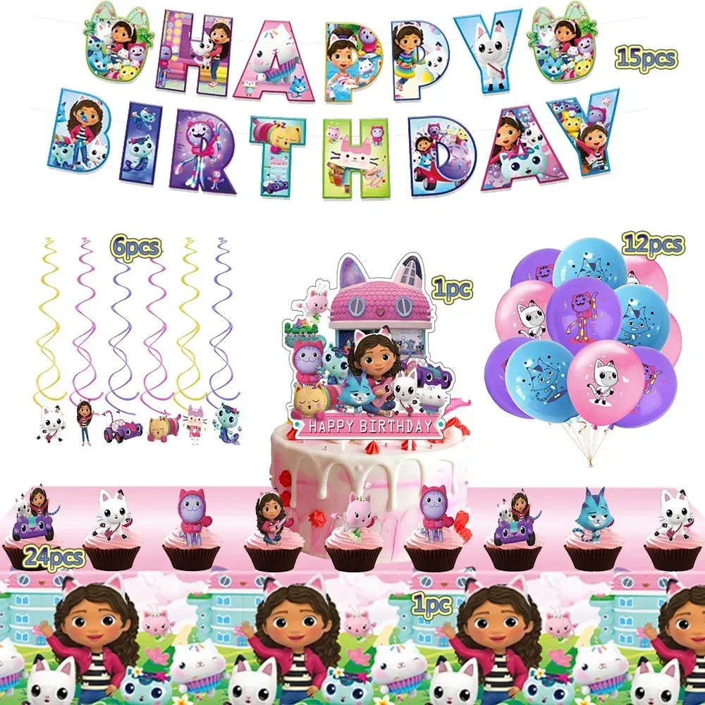 Gabby Dollhouse Geburtstagsparty-Dekorationen Einweg-Tischgeschirr Teller Becher Girlande Ballon Hintergrund Babyparty-Geschenke