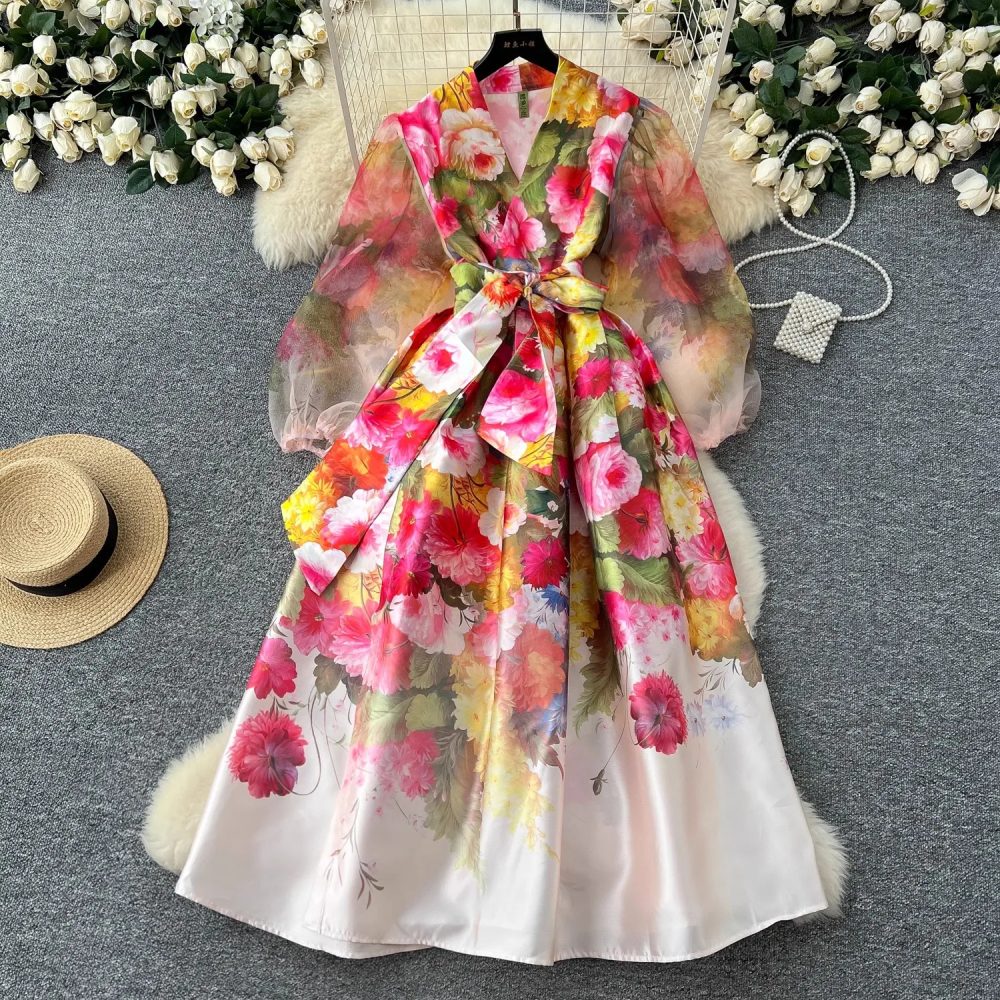 Neue Hohe Qualität Frauen Frühling Sommer Mesh Patchwork Pring Blume V-ausschnitt Laterne Hülse Spitze Up Bogen Boho Urlaub Party Kleider