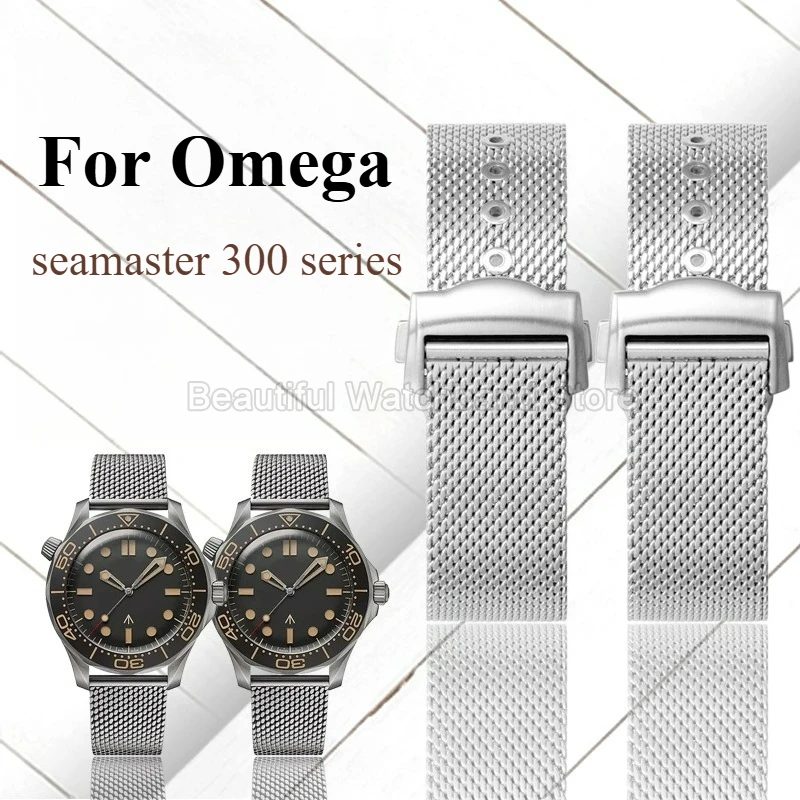 Schwarzes 20-mm-Mesh-Armband für Omega Seamaster, Edelstahl, spezielle Schnalle, flache Schnittstelle, schweißfest, atmungsaktiv, hautfreundlich