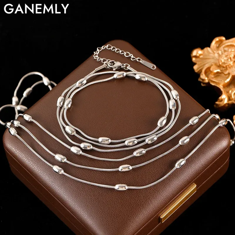 GANEMLY 316L Edelstahl Multilayer Tragen Kette Halskette Armband Set Für Frauen Neue Trendy Silber Farbe Wasserdicht Schmuck