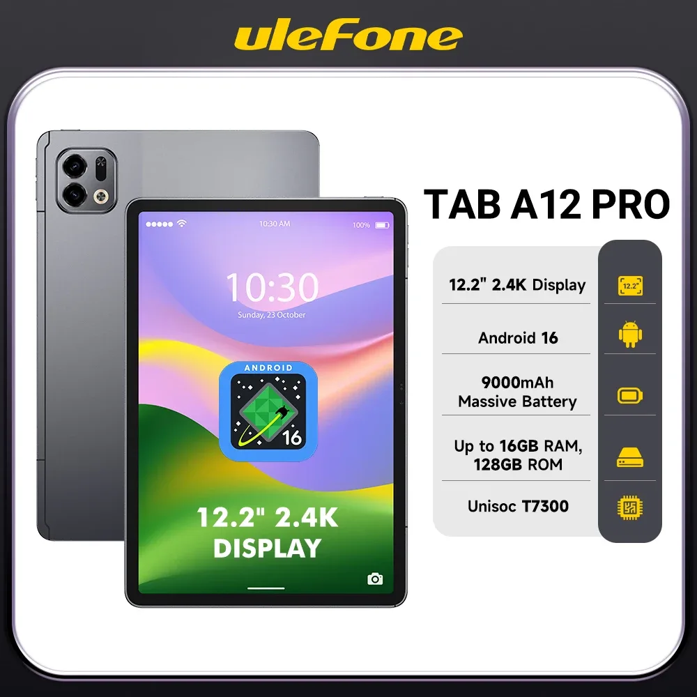 Ulefone Tab A12 Pro 4G Tablet ? 12,2 Zoll 2.4K, Android 16, bis zu 16 GB RAM, 128 GB ROM, 9000 mAh, Quad-Lautsprecher, Widevine L1 ? Ideal für Studium & Beruf